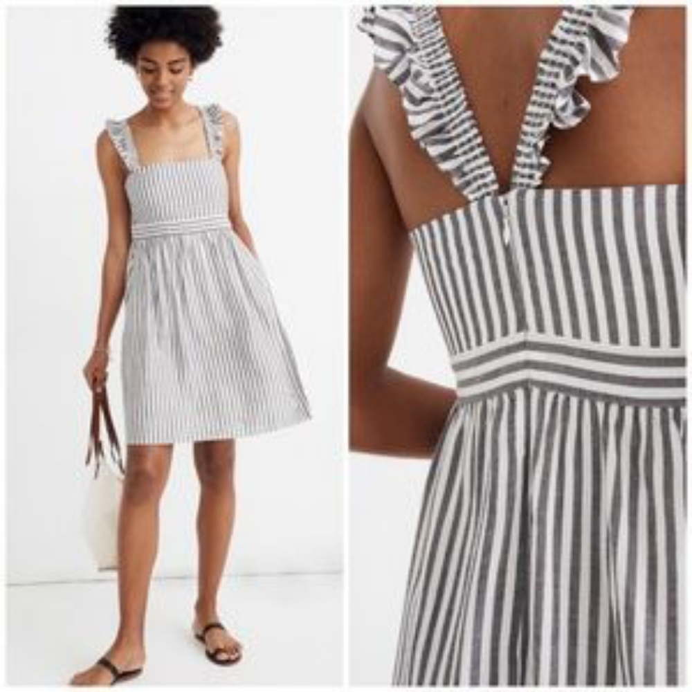 NWT Madewell Vertical Stripes Ruffle Strap Empire Dress Gray White Plus Size 18
